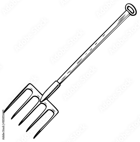 Hand Drawn Agricultural Pitchfork Tool with Wooden Handle for Gardening and Farming