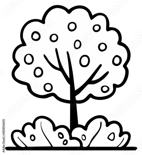 Black and white cartoon tree with fruit and shrubbery