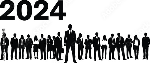 Flat vector silhouette business team 2024 corporate workforce future planning success professionals unity career growth strategy formal attire standing together