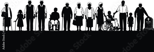 Flat vector human life cycle silhouette aging stages childhood adulthood elderly death timeline people evolution concept black white illustration