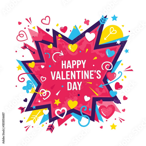 A vibrant Valentine's Day celebration with hearts and stars surrounding the text on a white background with colorful illustrations