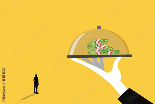 Big hand serving Money on a Platter  to businessman. concept of Offer investment and savings service, best wealth management or business loan, mutual funds and financial solution