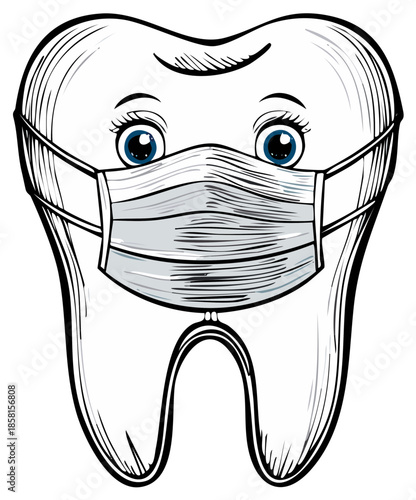 Cute cartoon tooth wearing a surgical mask for dental hygiene and protection