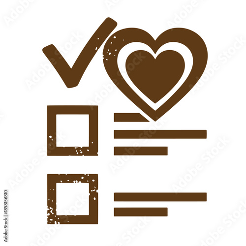 Vintage Brown checkmark heart and checkboxes on white background for voting or survey concept