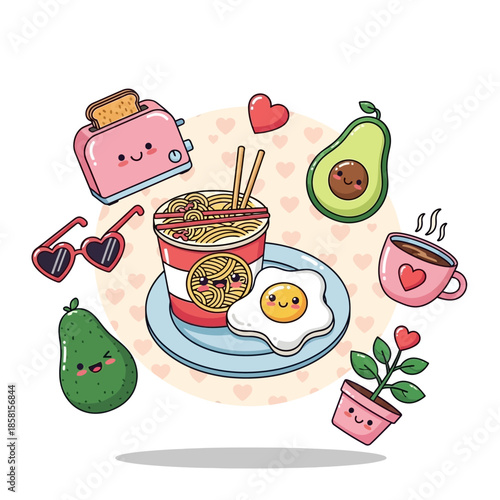 A cartoon illustration of a nutritious breakfast scene featuring a bowl of noodles, a fried egg, avocado, toast, and coffee on a table with decorative hearts.