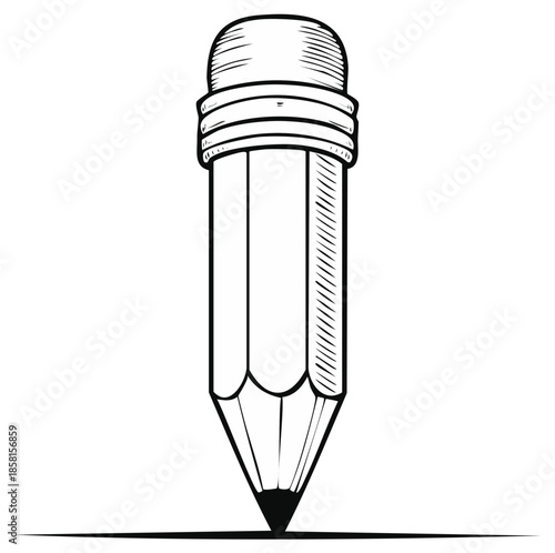 Hand drawn sketch of a graphite pencil with a pink eraser top isolated on a white background