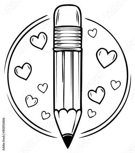 Hand drawn pencil surrounded by hearts inside a circular outline creative inspiration and love concept