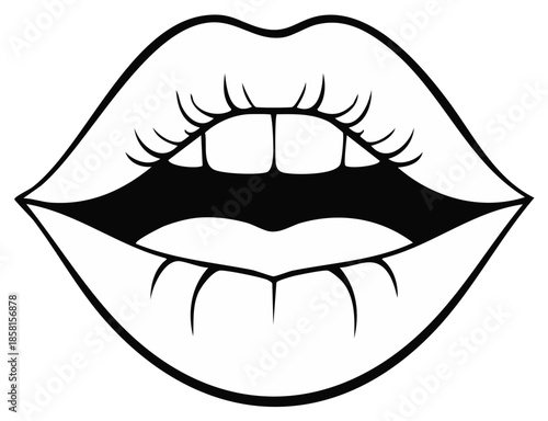 Open Lips and Teeth Black and White Outline Image Depicting Beauty, Fashion, and Mouth Expression with an Abstract Modern Style