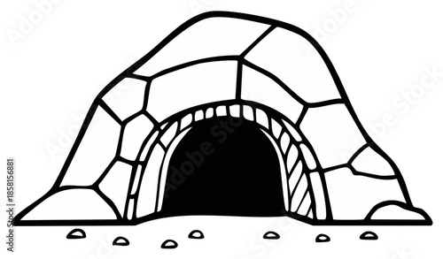 Stylized stone cave entrance opening with rocky texture and arched doorway illustration