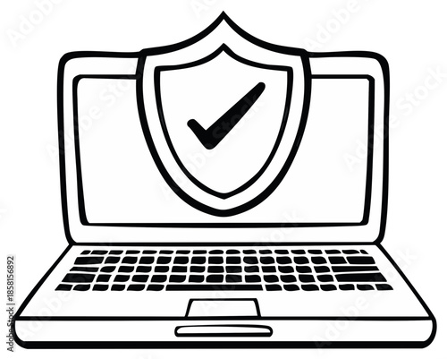 Laptop Computer Displaying a Security Shield with Check Mark for Protection and Safety