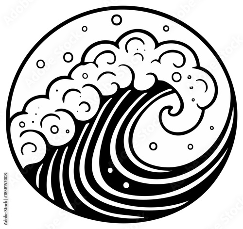 Black and white stylized ocean wave illustration in a circle