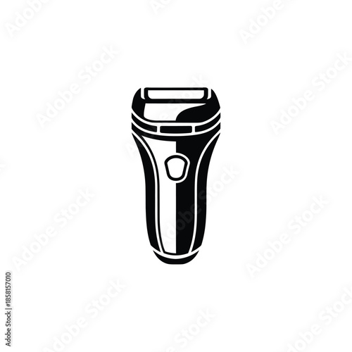 A black silhouette icon portrays a contemporary electric shaver with contoured sides and a power button