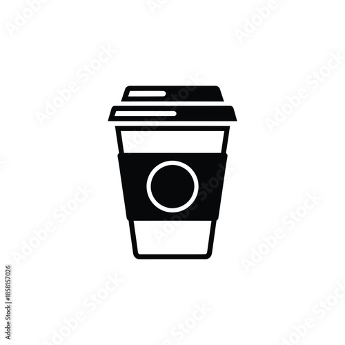 A clear black silhouette icon of a disposable takeaway coffee cup with a protective sleeve and lid