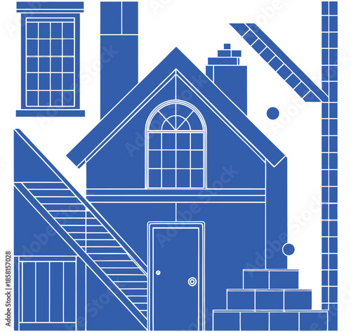 Modern blue house with disassembled parts and white background