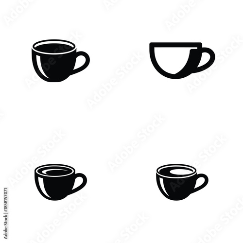 A collection of four black stylized coffee cup icons displayed neatly on a clean white background