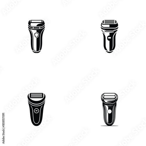 A collection of four black silhouette icons depicting modern electric razors for personal grooming needs