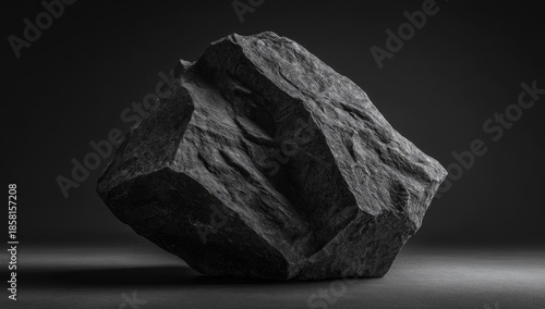 Dark stone, angular shapes, rough texture, studio lit