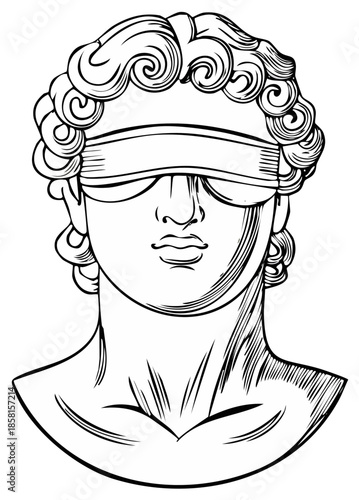 Blindfolded statue bust illustration in line art style, ancient sculpture concept