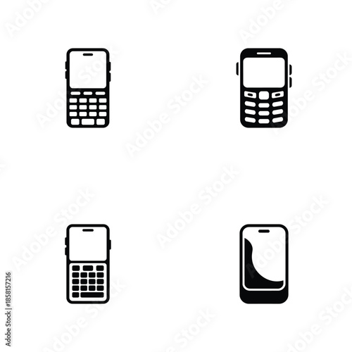 A collection of four distinct black and white mobile phone icons illustrating various generations and styles