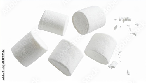Five white cylindrical marshmallows scattered on a white background with small fragments to the side.