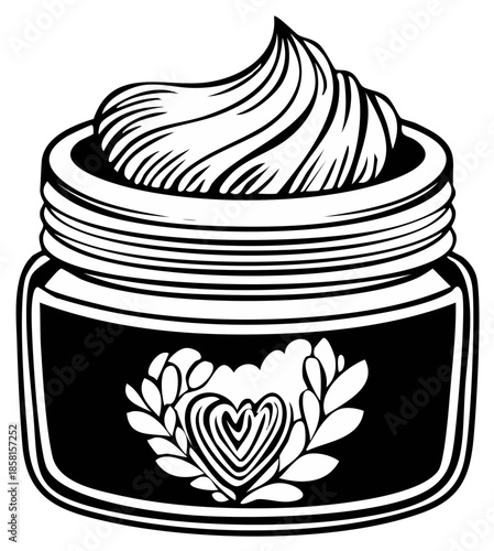 Jar of luxurious cream with decorative heart emblem on dark label