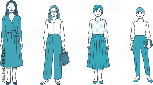 シンプルな服装の女性全身イラストセット　ビジネス・日常・人物素材（AI制作）