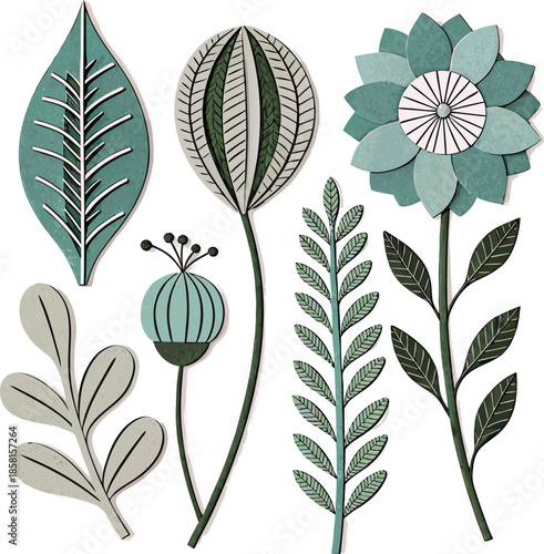 Beautiful botanical illustrations of flowers and leaves in green hues