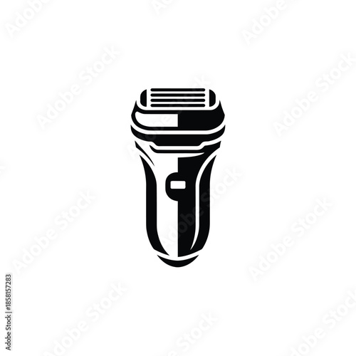 A modern black and white icon depicting a detailed electric shaver with a curved handle and cutting head