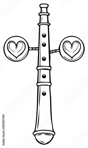 Illustration of a stylized wind instrument with heart shaped decorative elements in a black and white design
