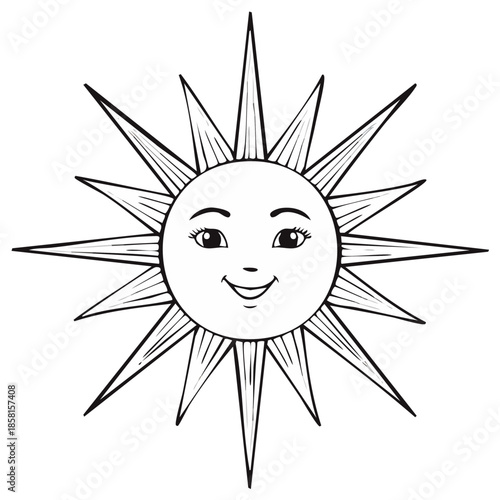 Happy smiling sun face line art drawing with radiating pointy rays