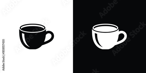 A pair of simple coffee cup outlines shown in inverted black and white color schemes