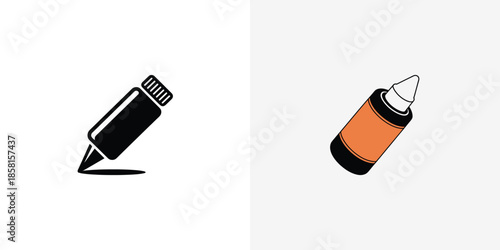 A simple black marker drawing a line next to an orange and black crayon on a white surface