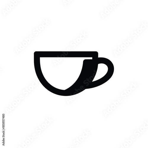A simple black silhouette of a coffee or tea cup with a curved handle on a white background