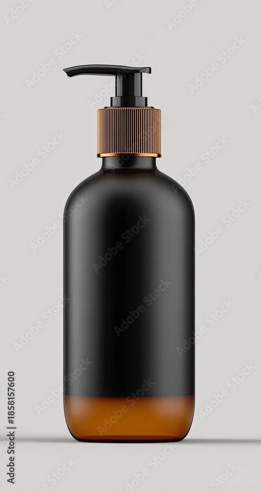 Fototapeta premium Matte black bottle with pump dispenser, amber accents