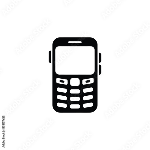 A solid black icon featuring an older generation mobile phone with a screen and prominent numeric keypad