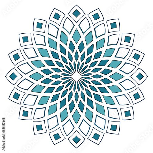 An intricate teal and white geometric floral pattern radiates from the center displaying a symmetrical design with repeating shapes