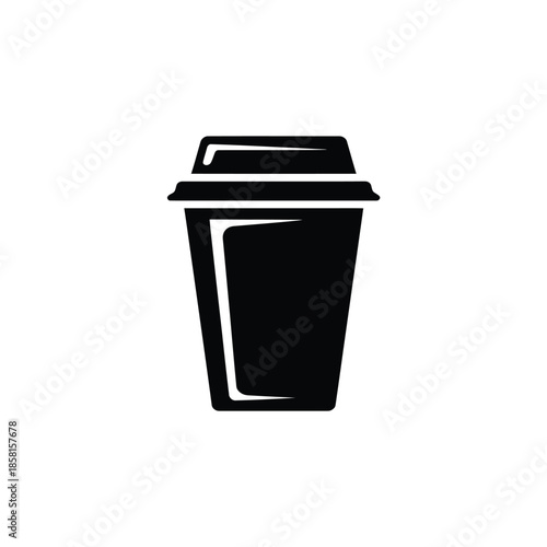 A solid black silhouette icon of a simple disposable takeaway coffee cup with a secure lid