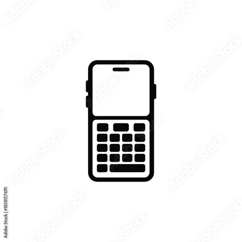 An outlined black and white icon depicting a classic mobile phone with a visible screen and numeric keypad