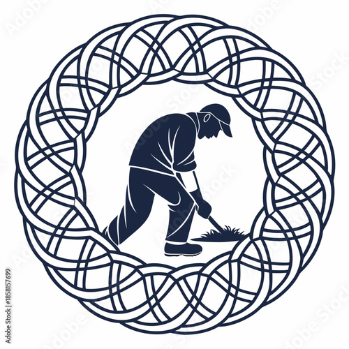 a detailed illustration showcases a gardener tending to plants within a circular woven pattern creating a serene visual