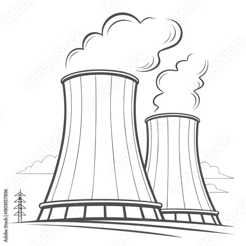 A simplistic sketch depicts three industrial cooling towers emitting smoke against a horizon with fluffy clouds and a small tree