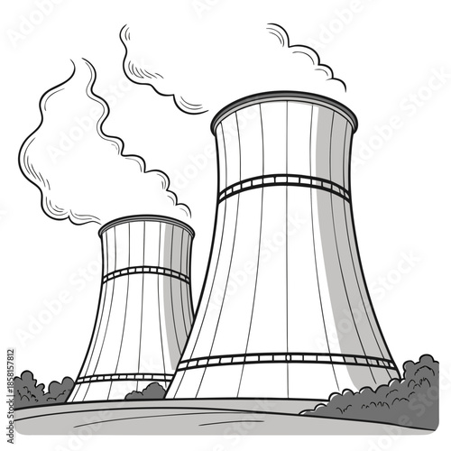 A grayscale illustration depicts two large industrial cooling towers releasing plumes of steam or smoke into the atmosphere