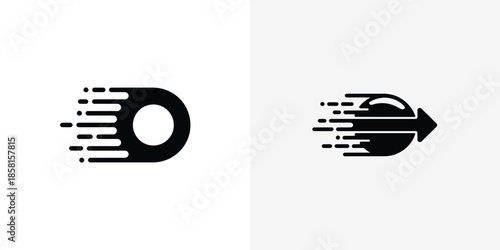 Black letter O with speed streaks and an arrow symbol moving quickly to the right