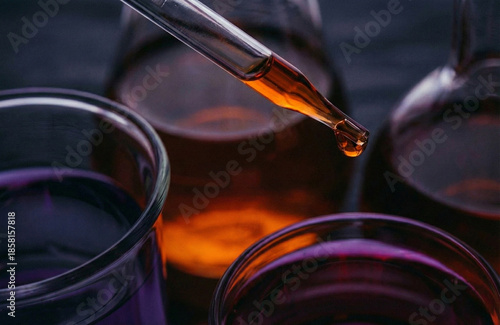 Close-up of an eyedropper filled with liquid being poured into several glass beakers.