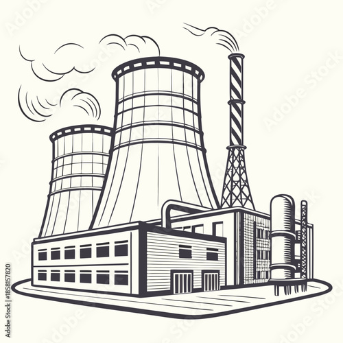 An illustrative depiction of a vintage industrial complex featuring cooling towers and a power plant structure with smoke emissions