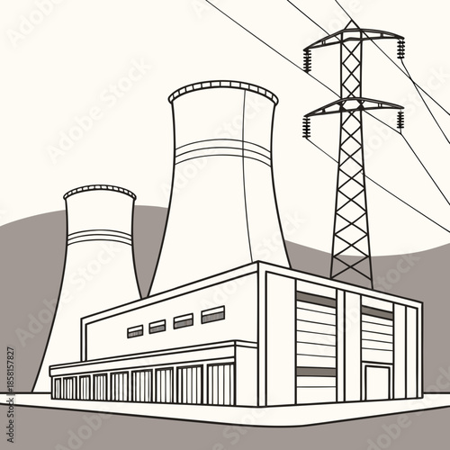 A simplistic line drawing depicts a power plant with cooling towers transmission lines and a muted landscape background