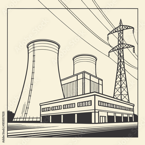 A simplistic illustration depicts a power plant complex with cooling towers and high voltage transmission lines against a pale backdrop