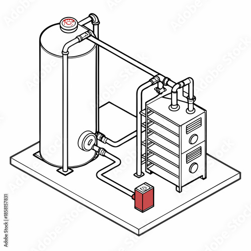 Detailed schematic illustration of a water storage tank connected to a pump and filtration system on a baseplate