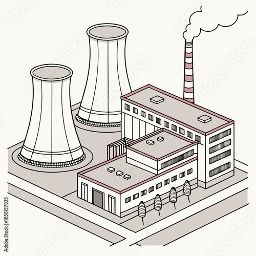 An isometric illustration depicts an industrial complex with cooling towers a building and smoke stacks emitting plumes of vapor