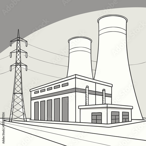 A grayscale illustration depicts an industrial complex with cooling towers power lines and a building structure in a simplified style