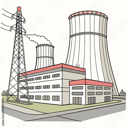 An illustration depicts a power plant with cooling towers a transmission tower and a building structure showcasing industrial energy production